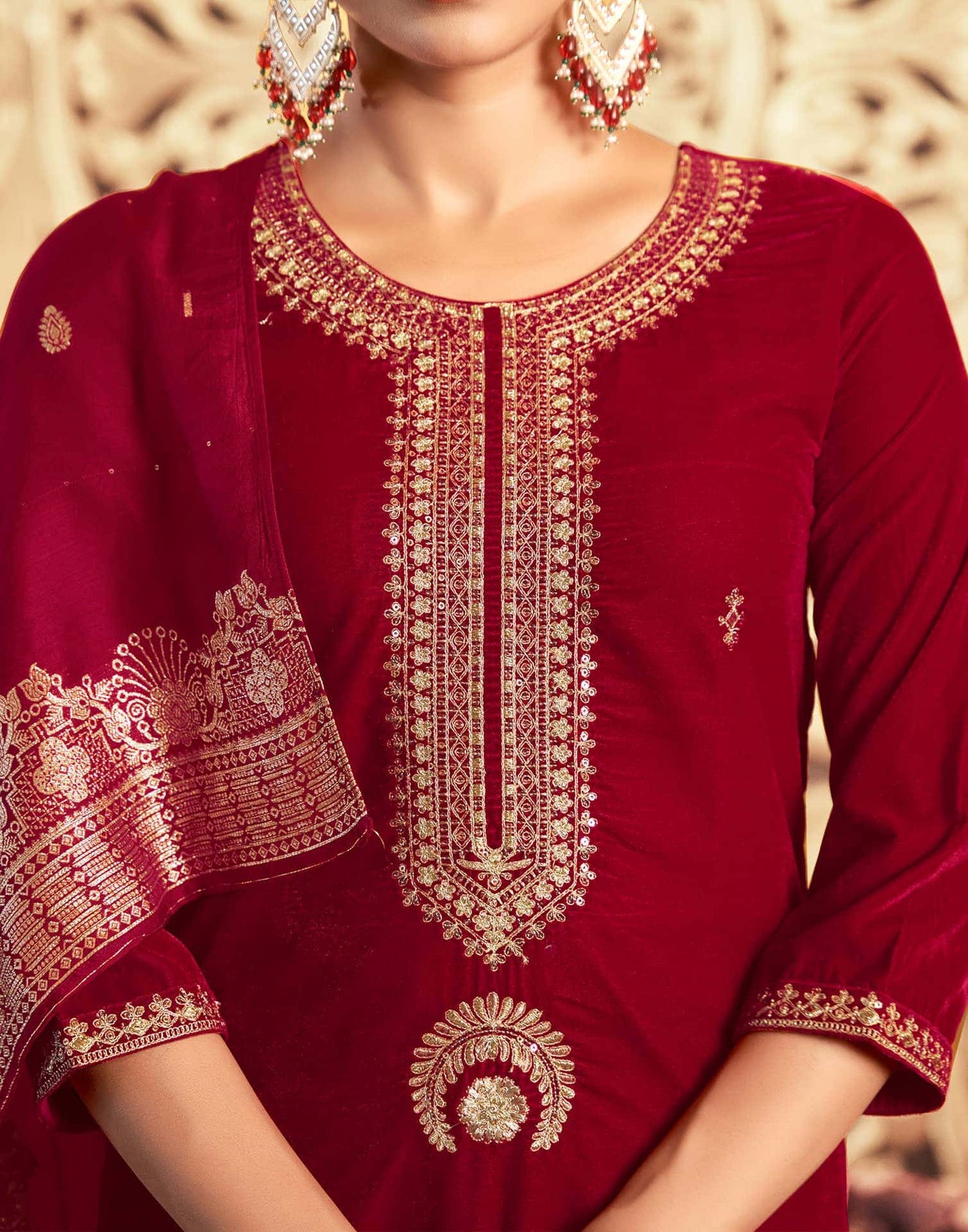 Velvet Sequins, Embroidery and Lace Straight Kurta with Pant & Dupatta