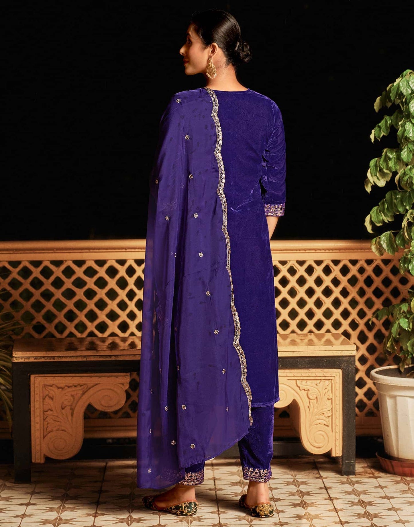 Velvet Sequins, Embroidery and Lace Straight Kurta with Pant & Dupatta