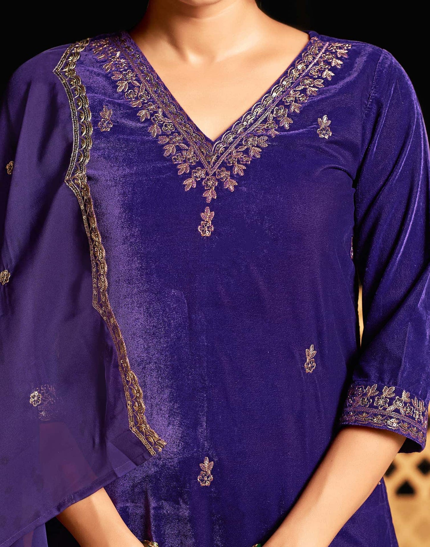 Velvet Sequins, Embroidery and Lace Straight Kurta with Pant & Dupatta