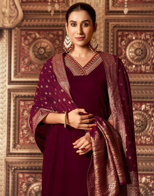 Velvet Dyed, Sequins, Embroidery and Lace Straight Kurta with Pant & Dupatta