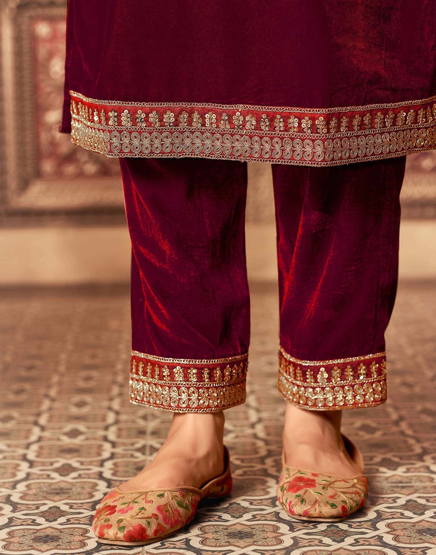 Velvet Dyed, Sequins, Embroidery and Lace Straight Kurta with Pant & Dupatta