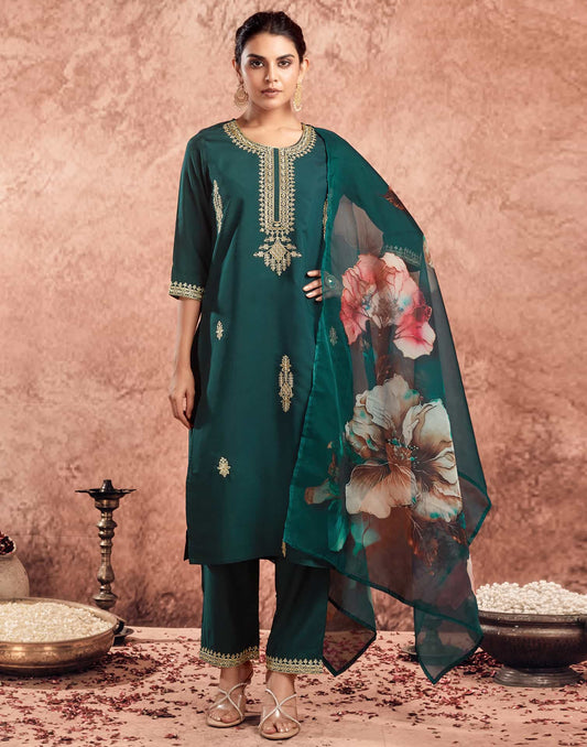 Silk Blend Embroidered Straight Kurta with Pant & Dupatta