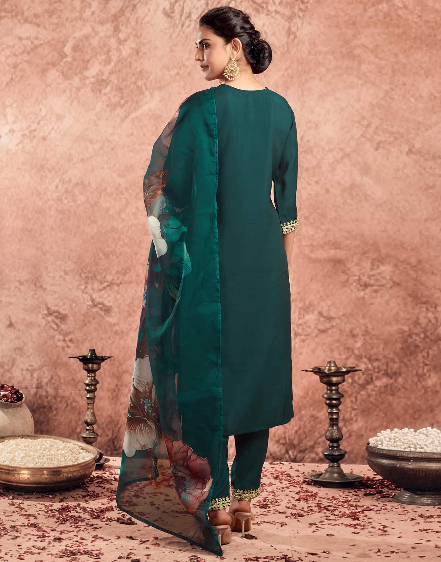 Silk Blend Embroidered Straight Kurta with Pant & Dupatta
