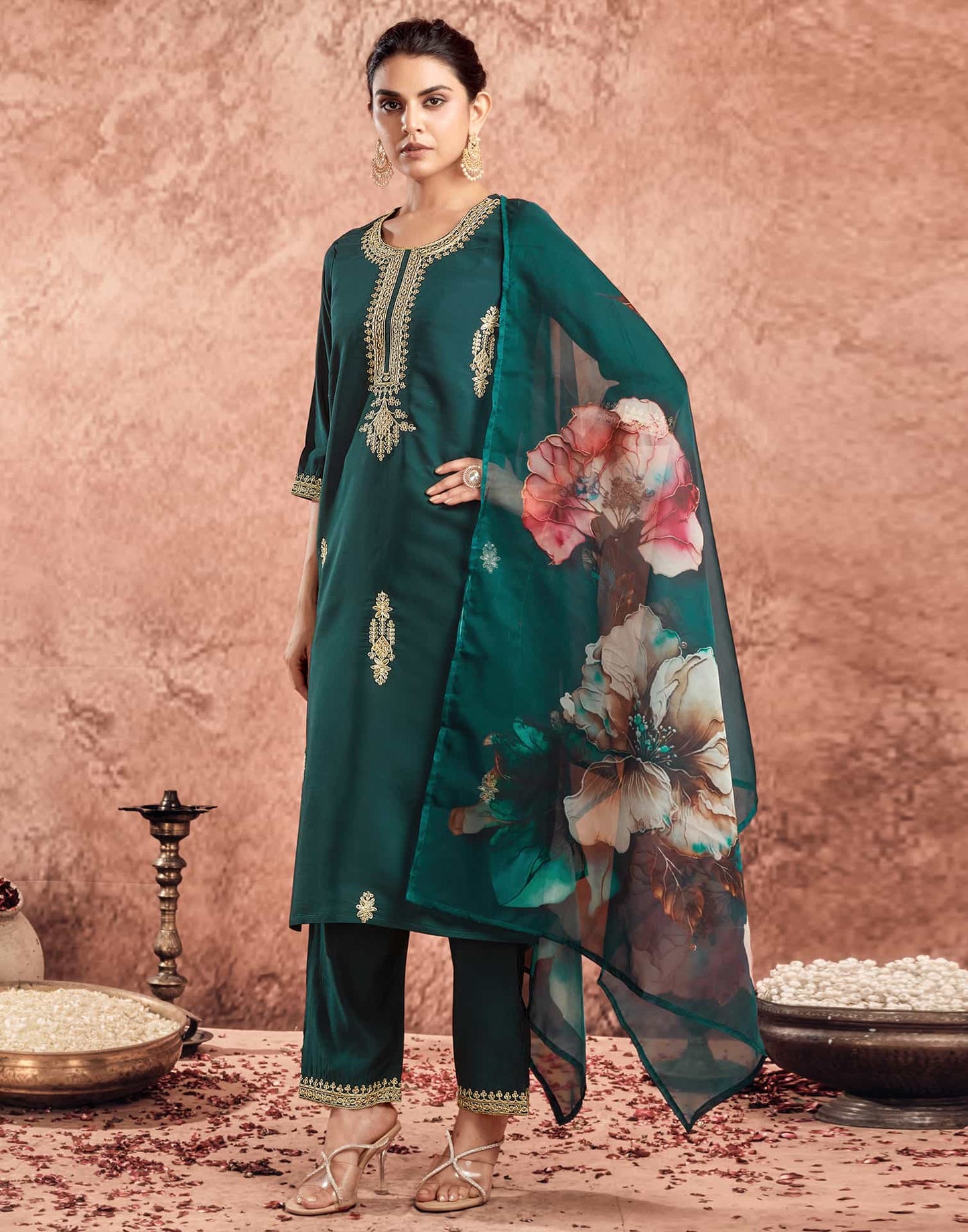 Silk Blend Embroidered Straight Kurta with Pant & Dupatta