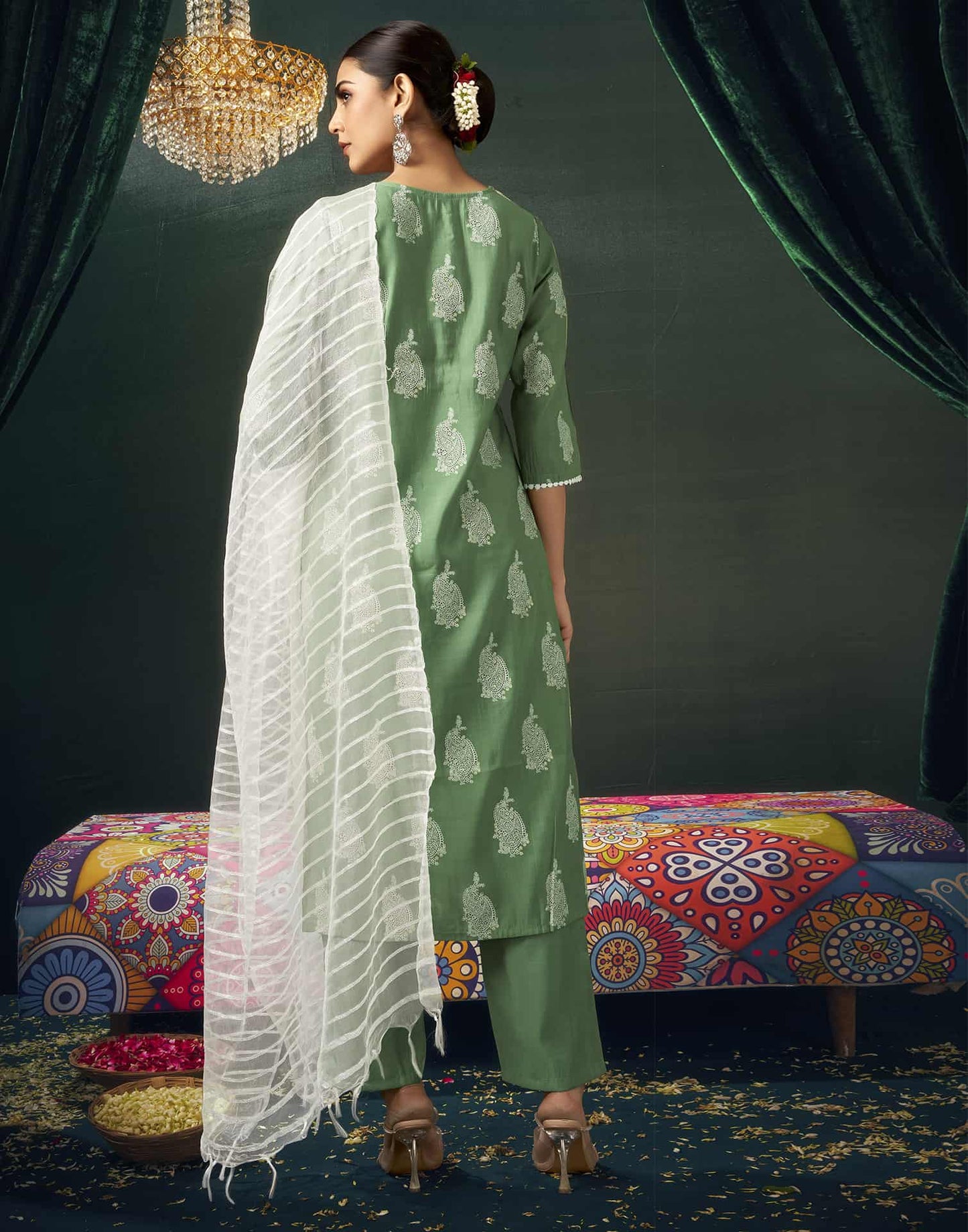 Silk Blend Printed Straight Kurta with Pant & Dupatta
