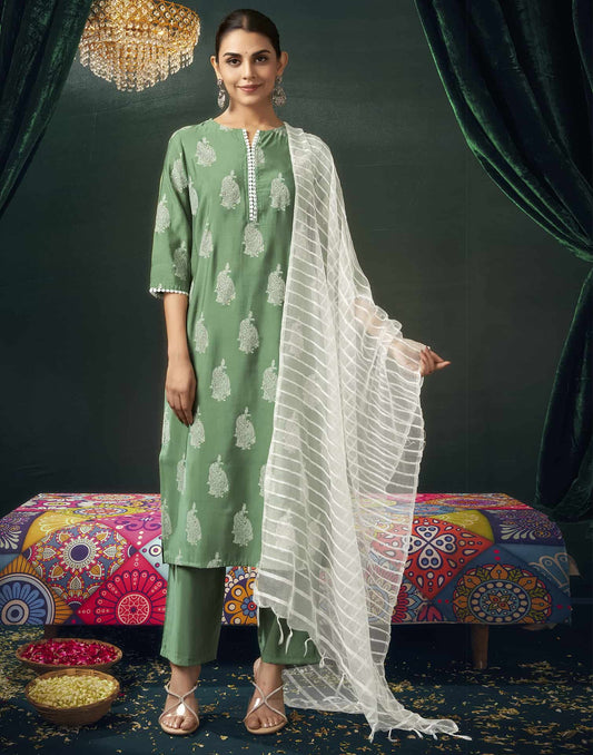 Silk Blend Printed Straight Kurta with Pant & Dupatta