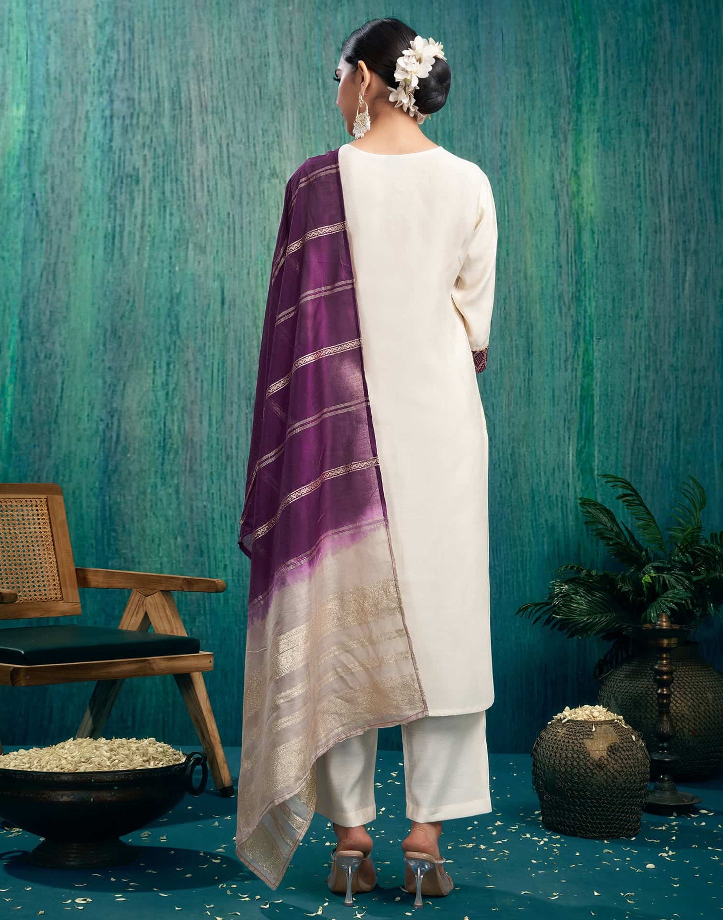 Silk Blend Woven Straight Kurta with Pant & Dupatta