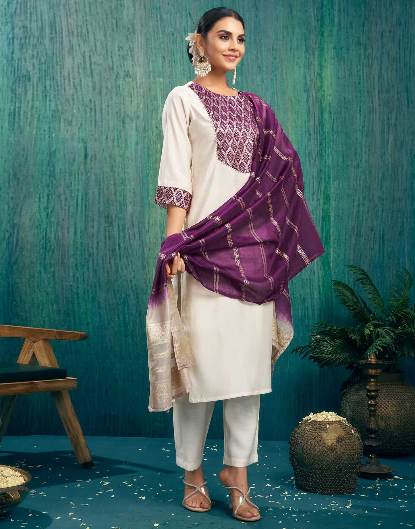 Silk Blend Woven Straight Kurta with Pant & Dupatta