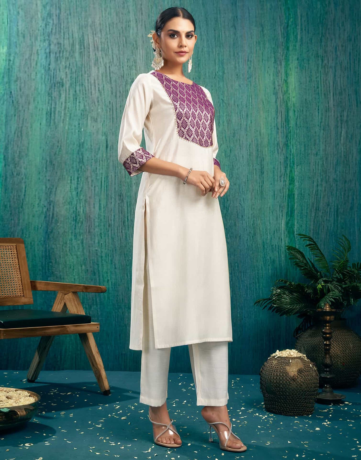 Silk Blend Woven Straight Kurta with Pant & Dupatta