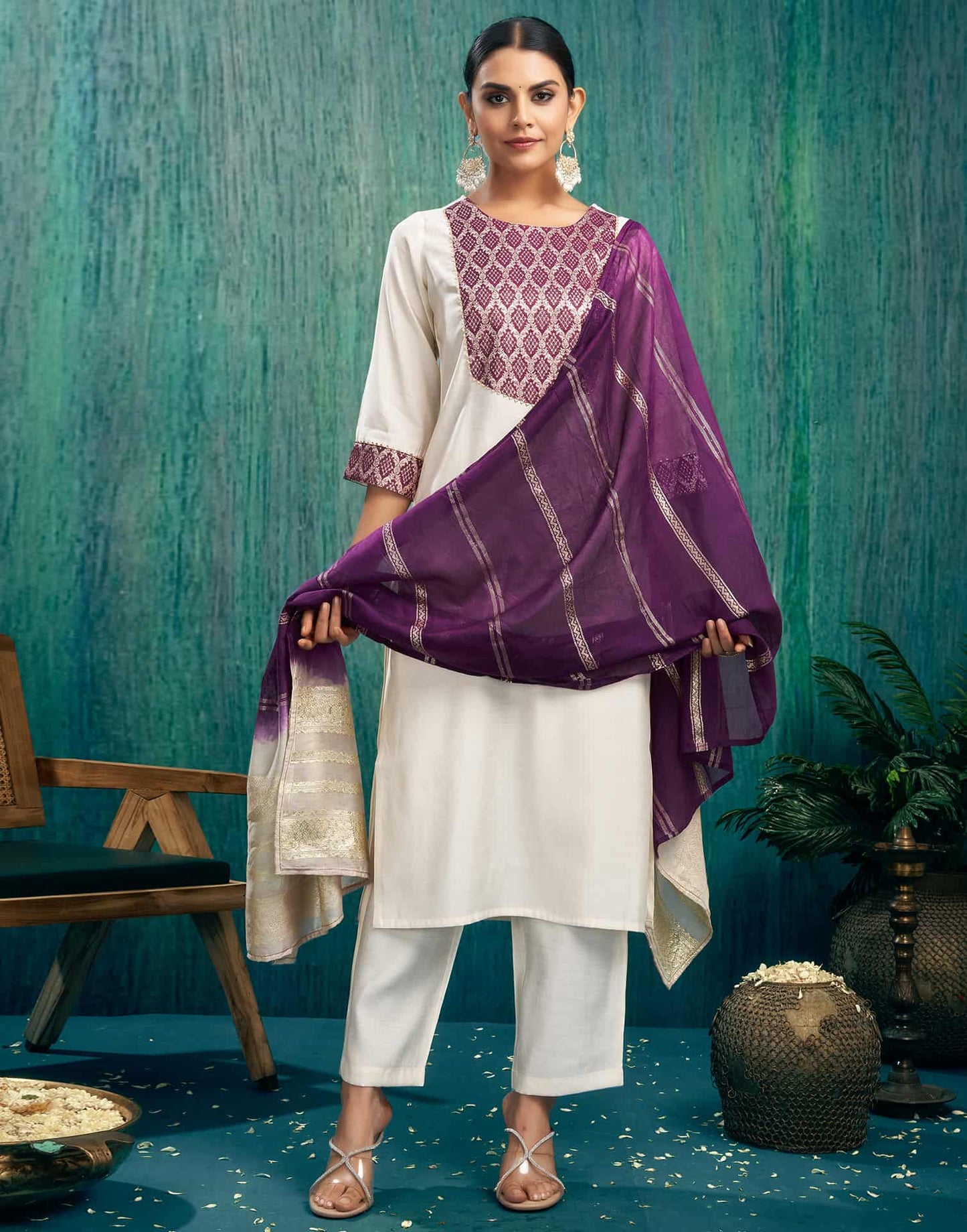 Silk Blend Woven Straight Kurta with Pant & Dupatta