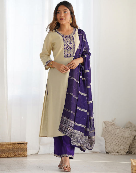 Silk Blend Sequence Embrodery Straight Kurta with Pant & Dupatta