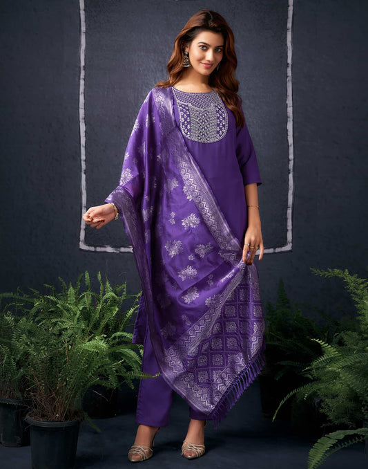 Cotton Blend Sequence, Embroidery Straight Kurta with Pant & Dupatta