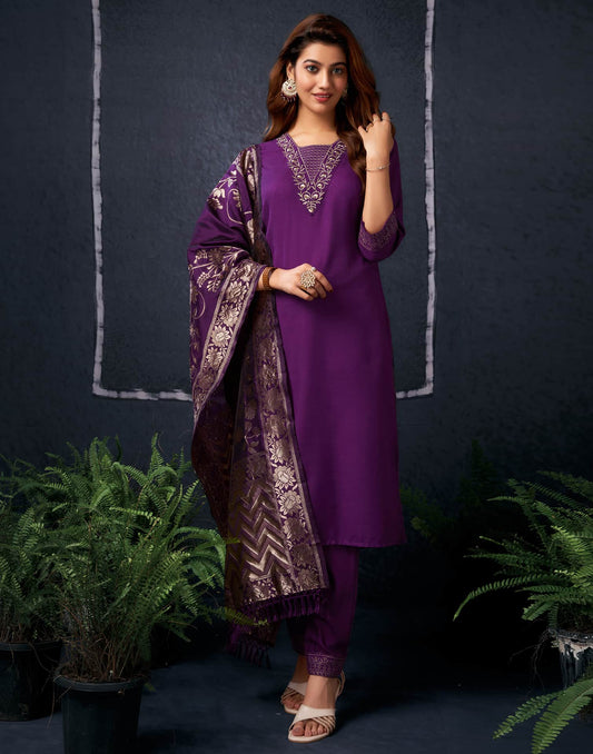 Cotton Blend Sequence Embroidery, Foil Print and Gota Lace Straight Kurta with Pant & Dupatta