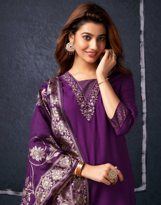 Cotton Blend Sequence Embroidery, Foil Print and Gota Lace Straight Kurta with Pant & Dupatta