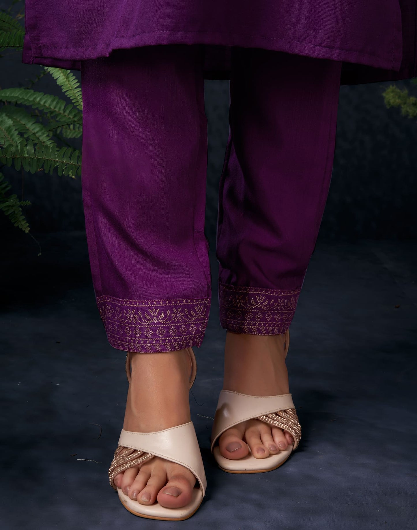 Cotton Blend Sequence Embroidery, Foil Print and Gota Lace Straight Kurta with Pant & Dupatta