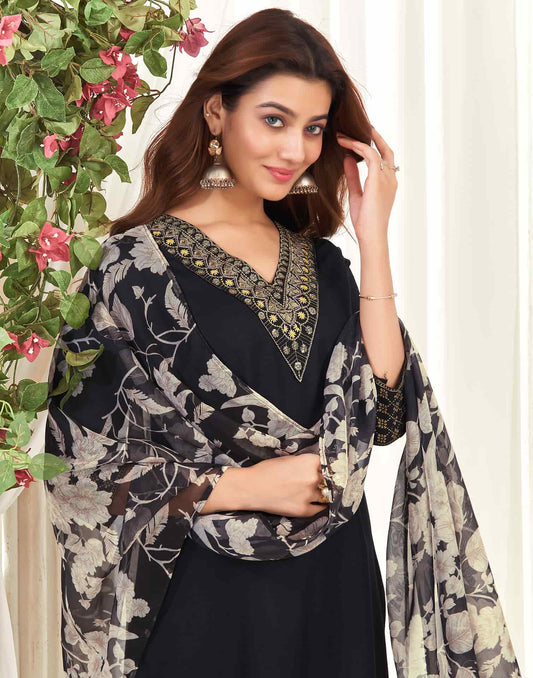 Cotton Blend Sequence Embroidery, Foil Print and Gota Lace Straight Kurta with Pant & Dupatta