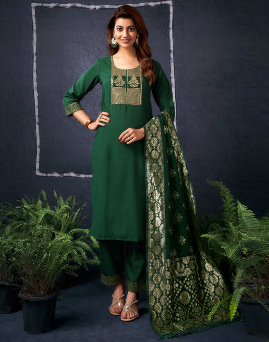 Cotton Blend Sequence Embroidery, Foil Print and Gota Lace Straight Kurta with Pant & Dupatta