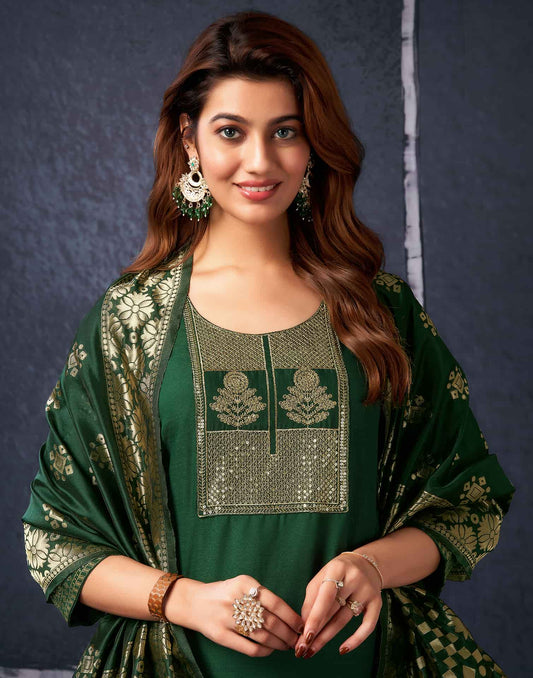 Cotton Blend Sequence Embroidery, Foil Print and Gota Lace Straight Kurta with Pant & Dupatta