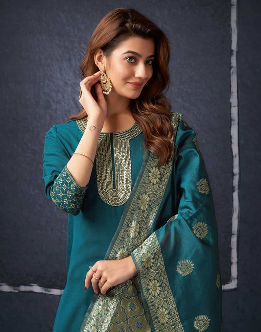 Cotton Blend Sequence Embroidery, Foil Print and Lace Straight Kurta with Pant & Dupatta