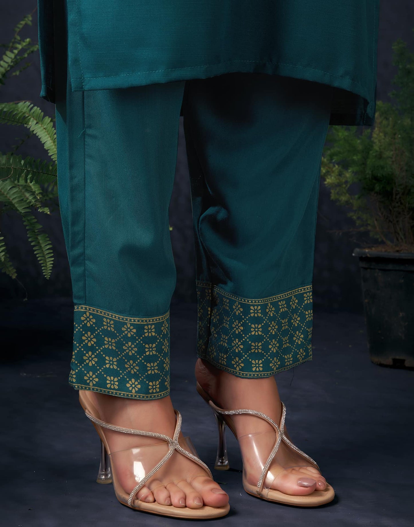 Cotton Blend Sequence Embroidery, Foil Print and Lace Straight Kurta with Pant & Dupatta