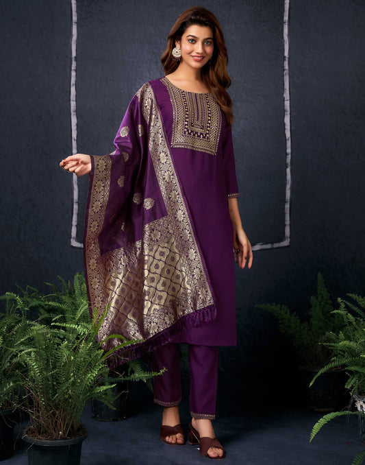 Cotton Blend Sequence, Embroidery and Lace Straight Kurta with Pant & Dupatta