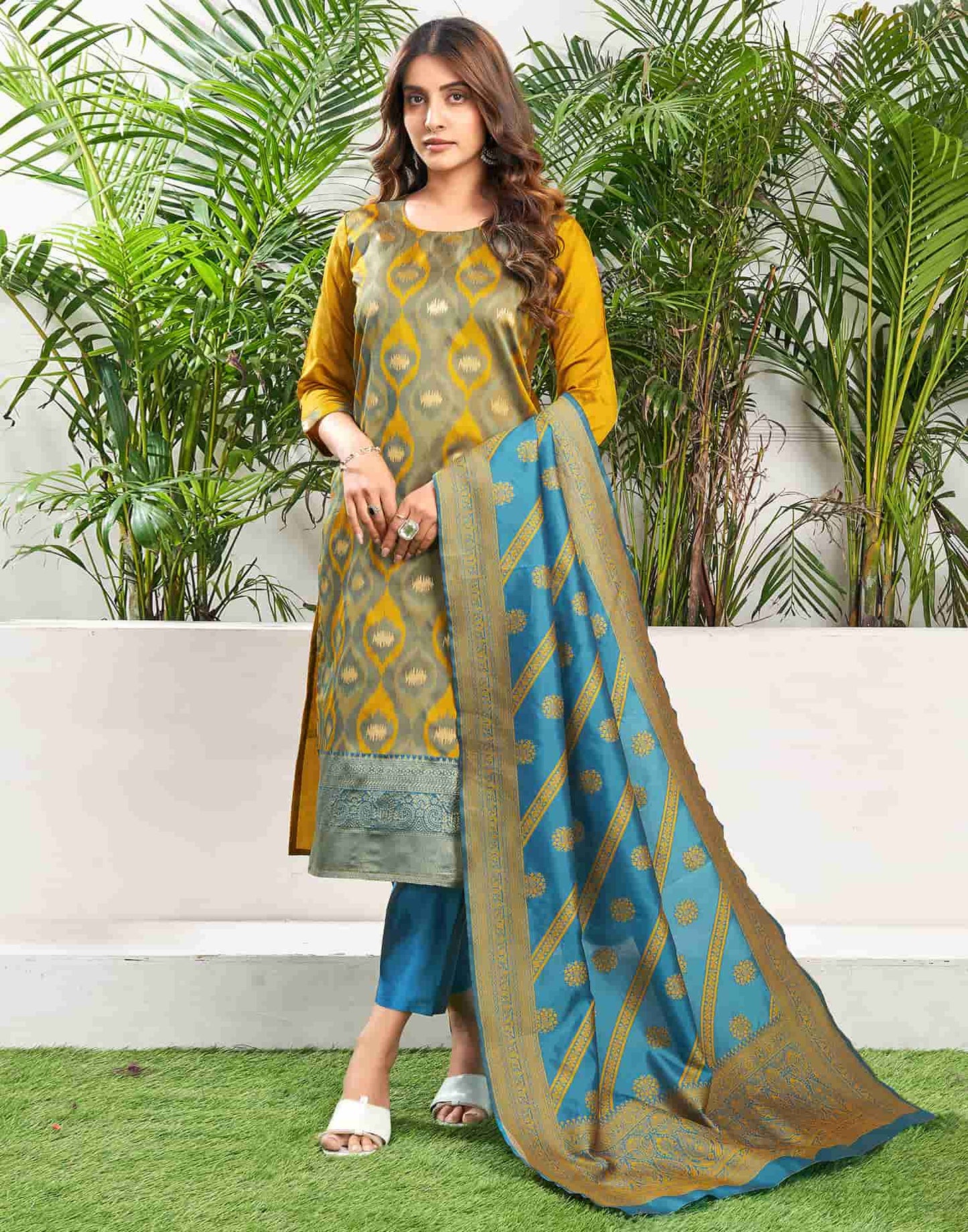 Silk Blend Jacquard Work Straight Kurta with Pant & Dupatta
