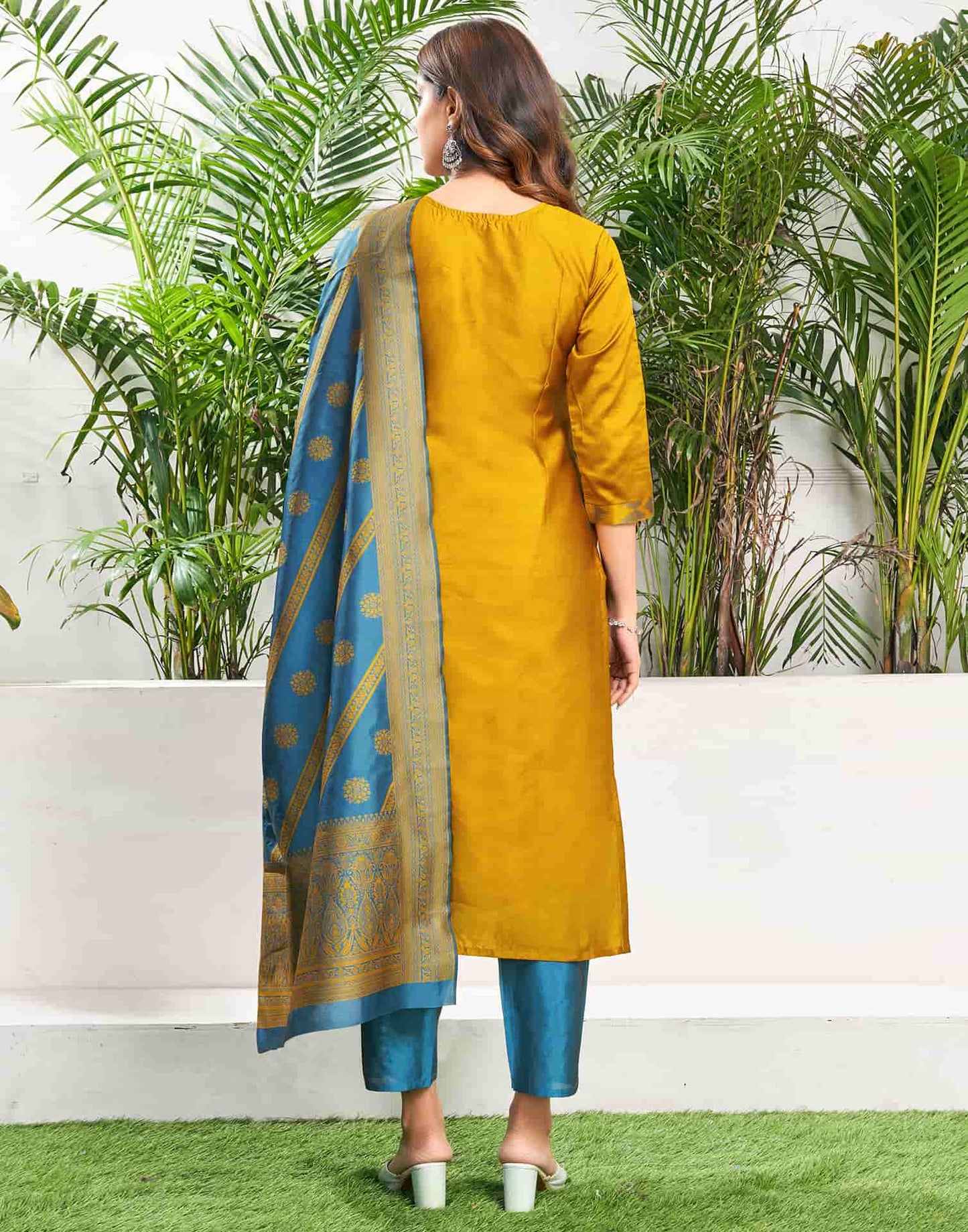 Silk Blend Jacquard Work Straight Kurta with Pant & Dupatta