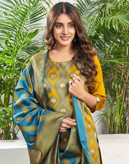 Silk Blend Jacquard Work Straight Kurta with Pant & Dupatta