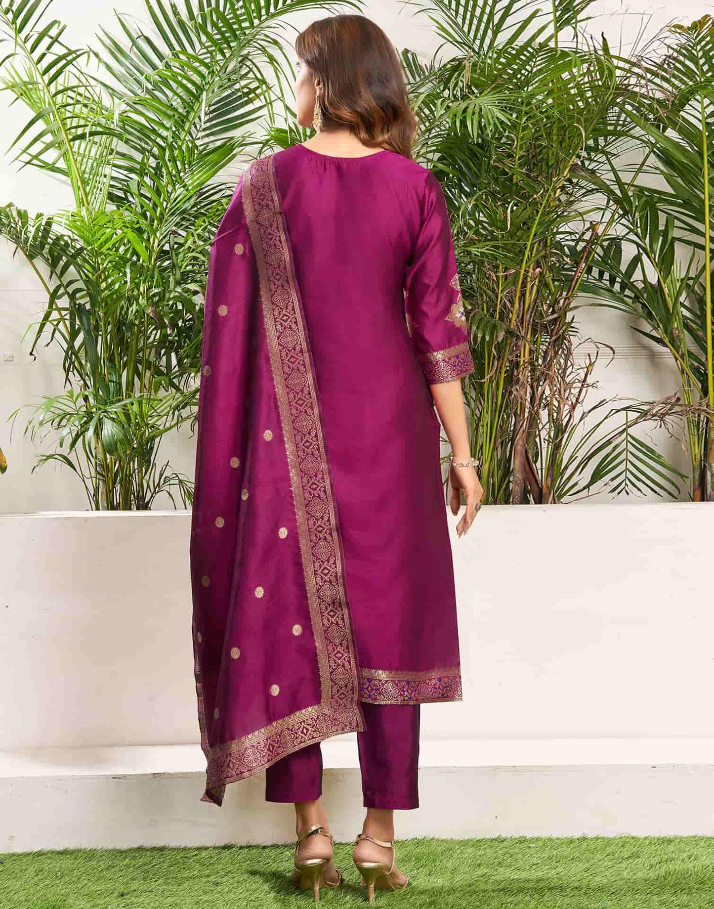 Silk Blend Jacquard Work Straight Kurta with Pant & Dupatta