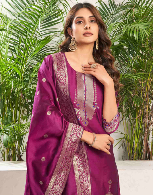 Silk Blend Jacquard Work Straight Kurta with Pant & Dupatta