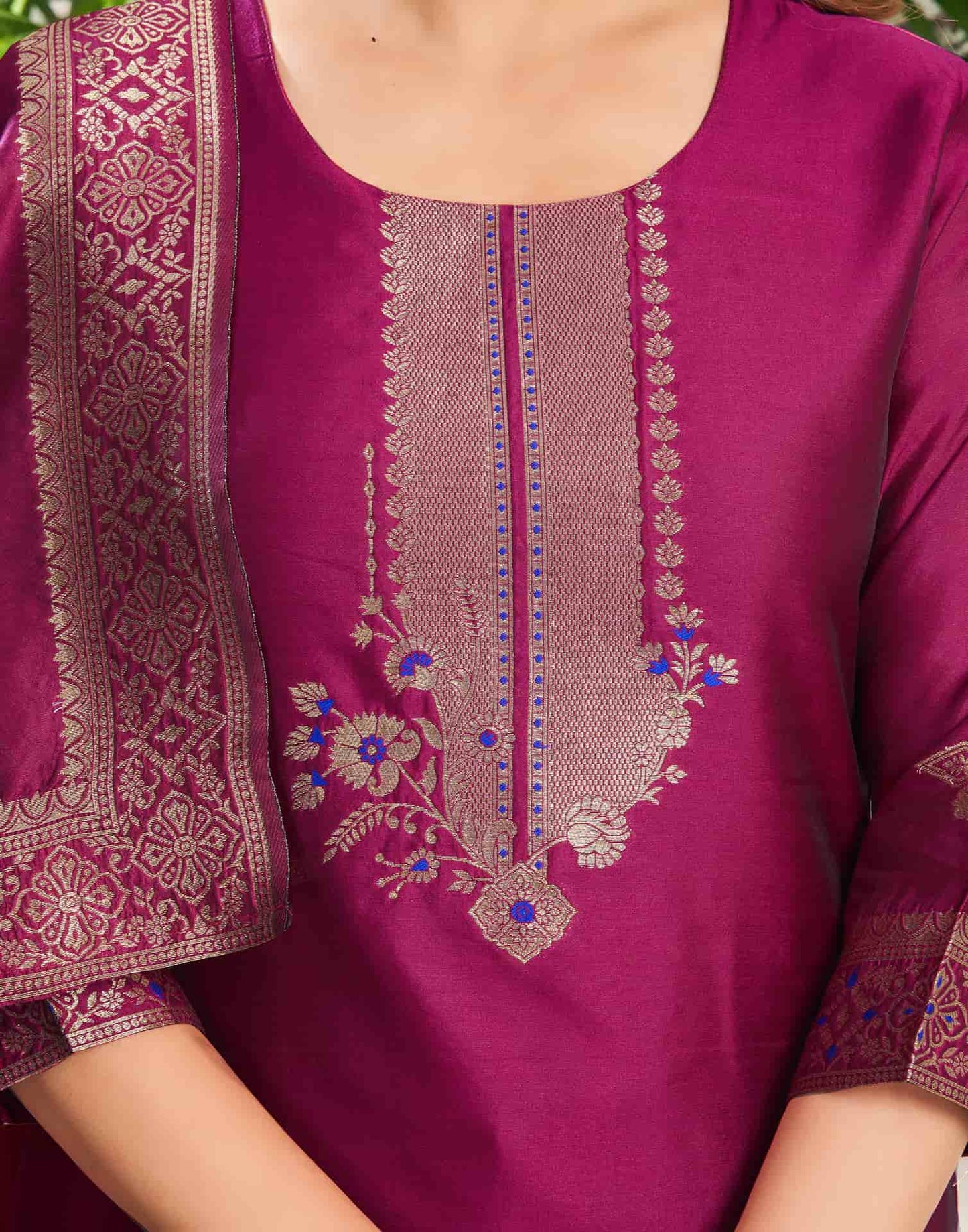 Silk Blend Jacquard Work Straight Kurta with Pant & Dupatta