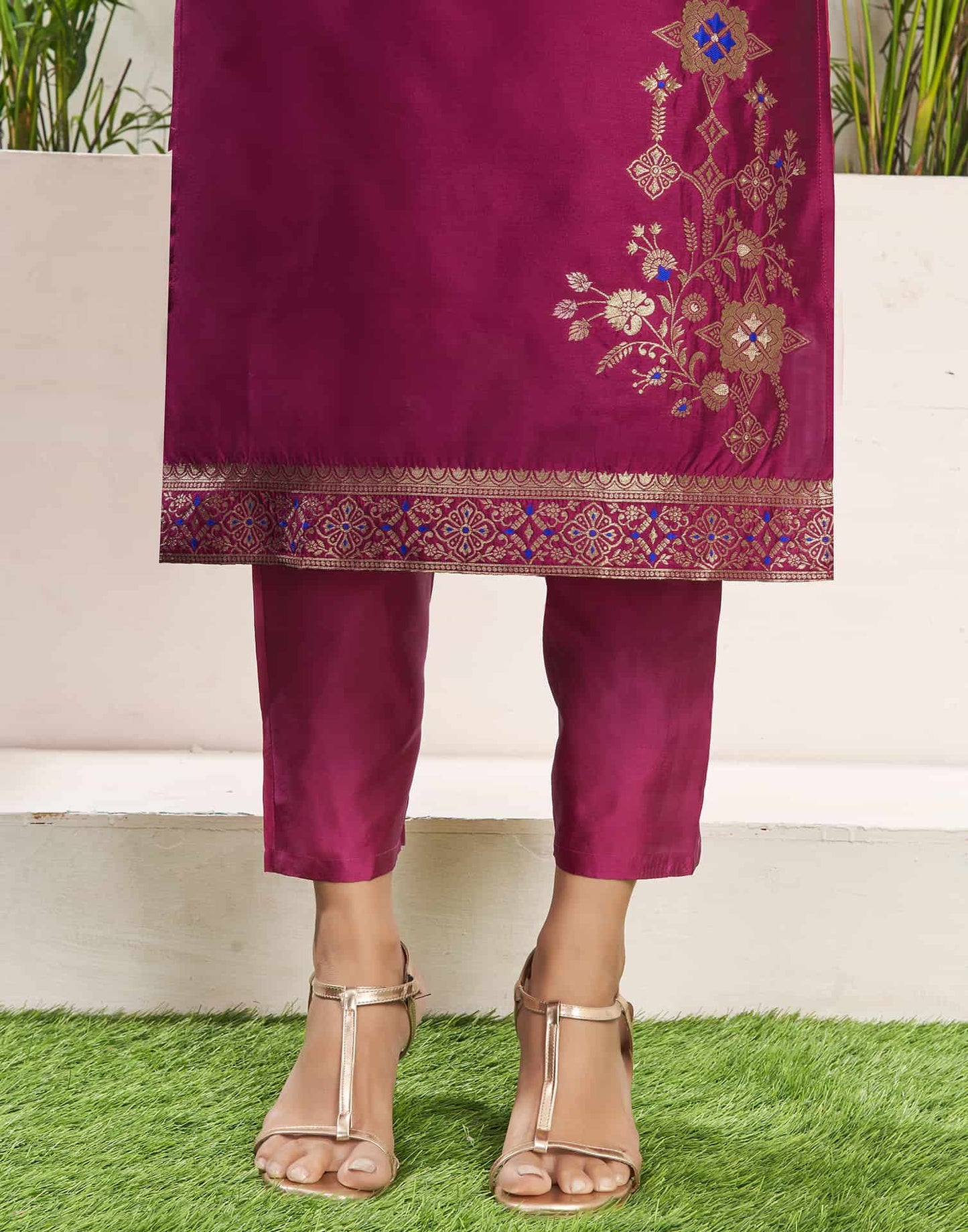Silk Blend Jacquard Work Straight Kurta with Pant & Dupatta