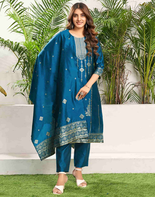 Silk Blend Jacquard Work Straight Kurta with Pant & Dupatta