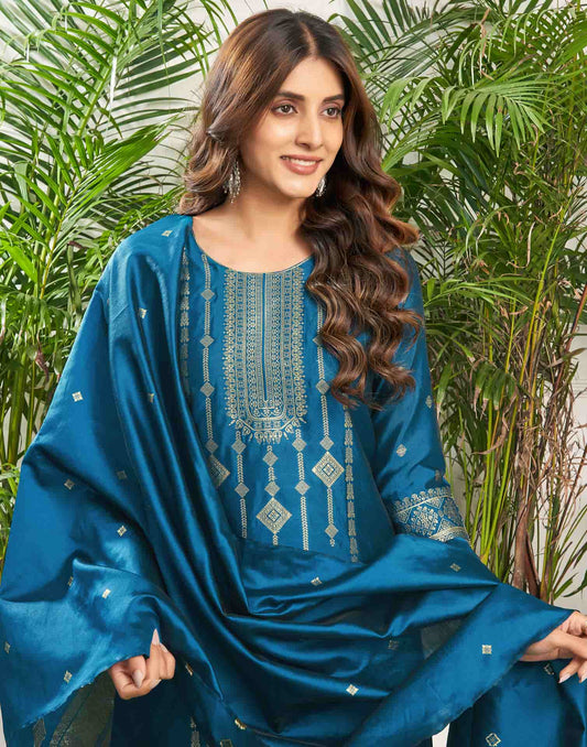 Silk Blend Jacquard Work Straight Kurta with Pant & Dupatta