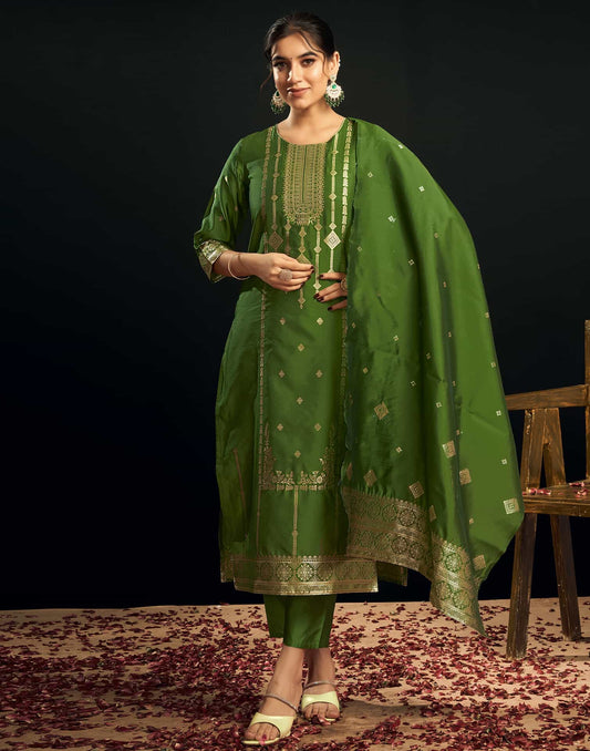 Silk Blend Jacquard Work Straight Kurta with Pant & Dupatta