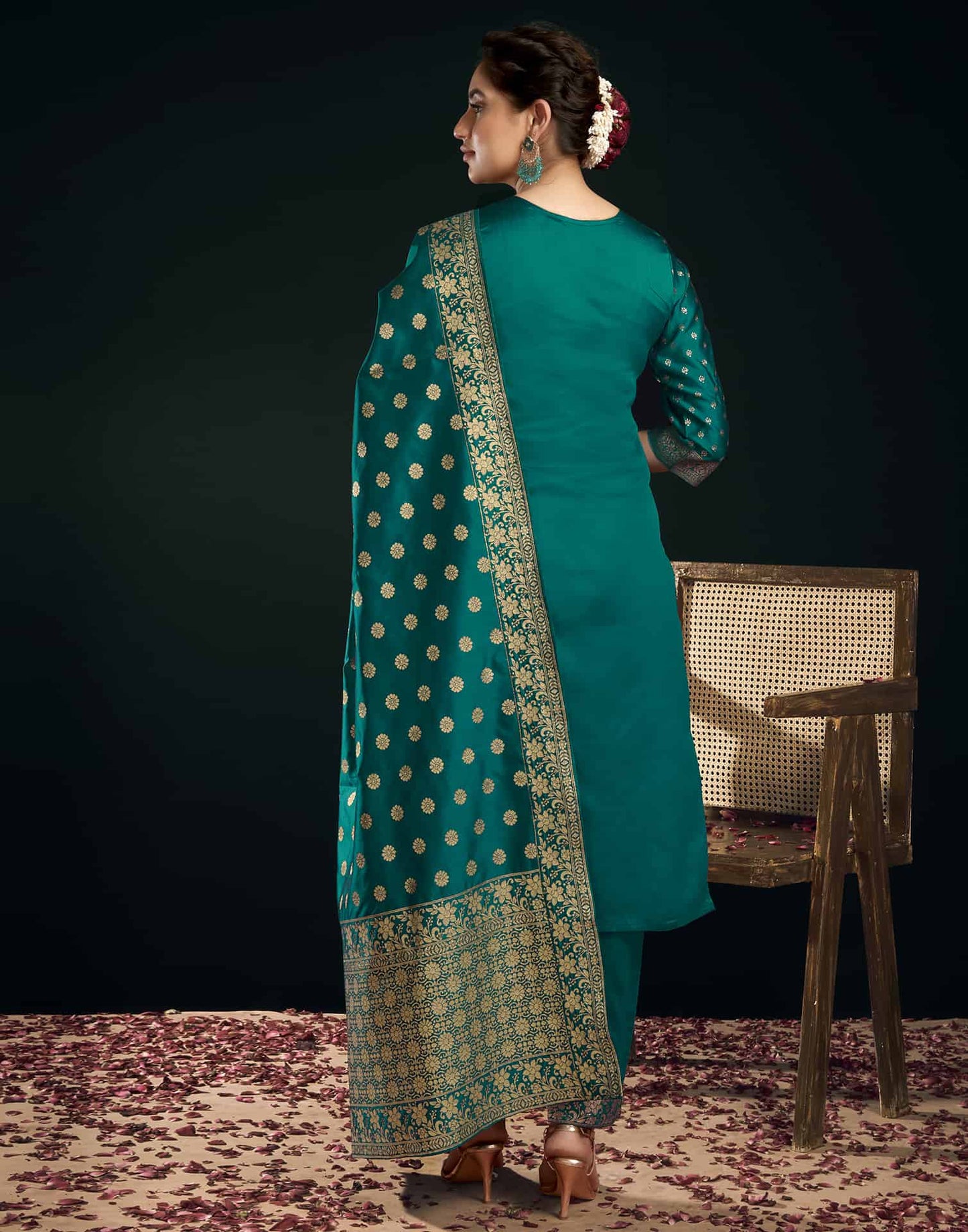 Silk Blend Jacquard Work Straight Kurta with Pant & Dupatta
