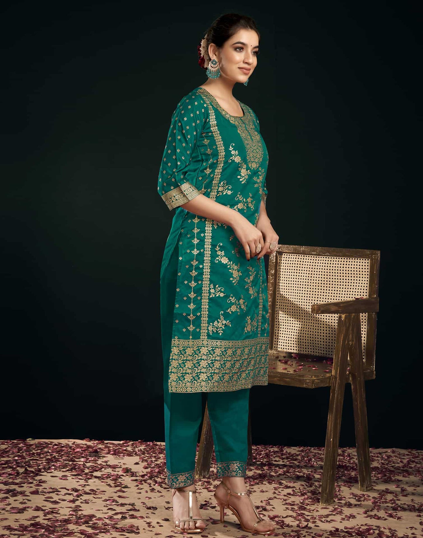 Silk Blend Jacquard Work Straight Kurta with Pant & Dupatta