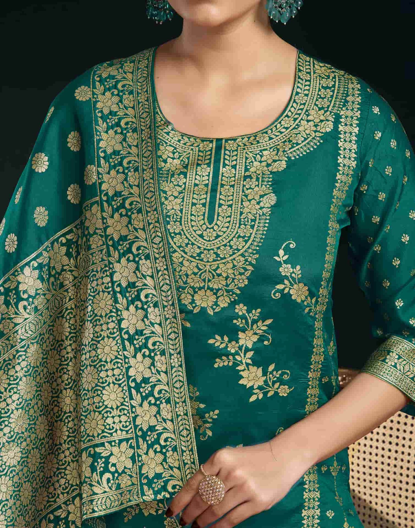 Silk Blend Jacquard Work Straight Kurta with Pant & Dupatta