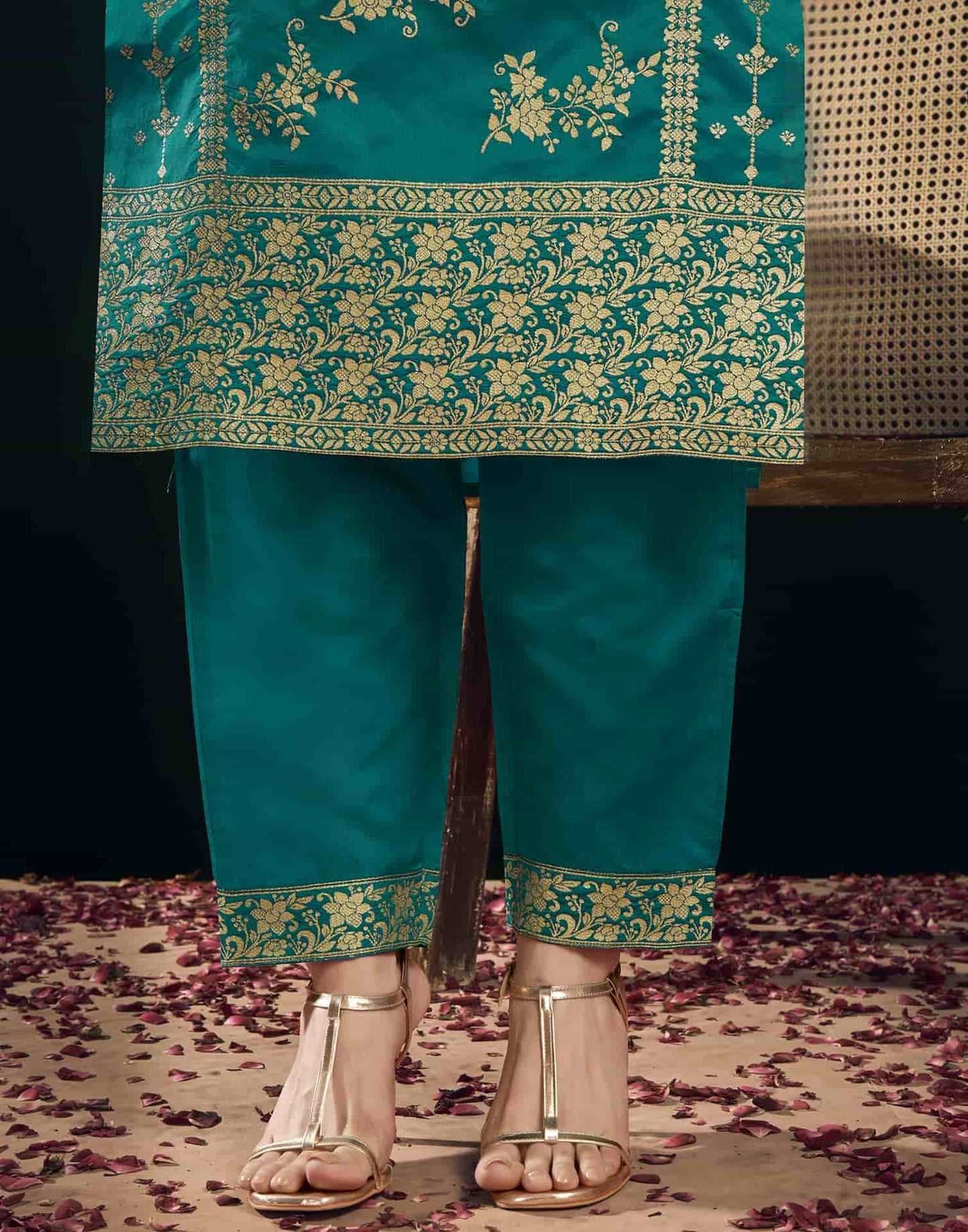 Silk Blend Jacquard Work Straight Kurta with Pant & Dupatta
