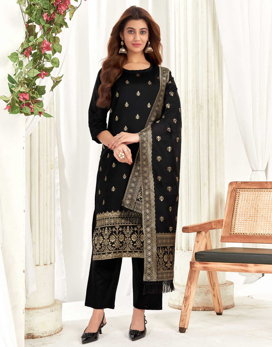 Silk Blend Jacquard Work Straight Kurta with Pant & Dupatta