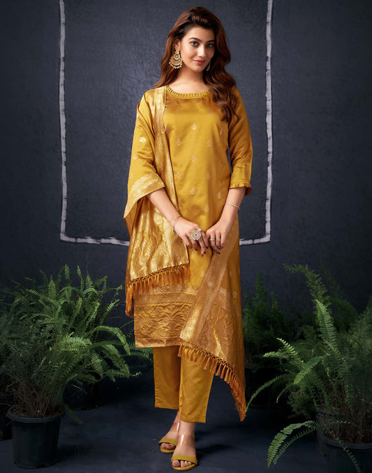Silk Blend Jacquard Work Straight Kurta with Pant & Dupatta