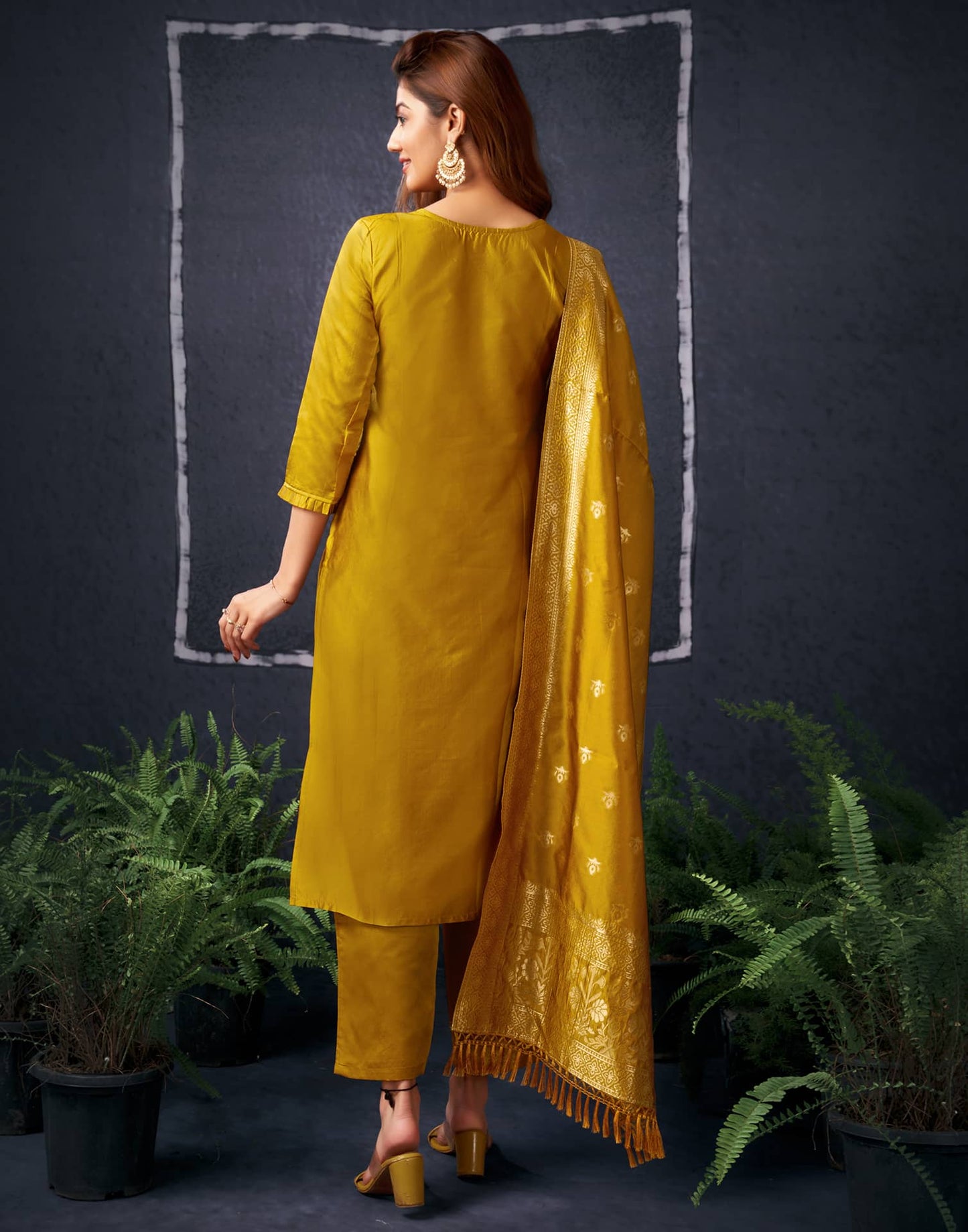 Silk Blend Jacquard Work Straight Kurta with Pant & Dupatta