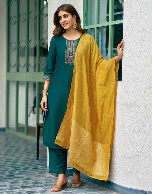 Silk Blend Embroidery Straight Kurta with Pant & Dupatta
