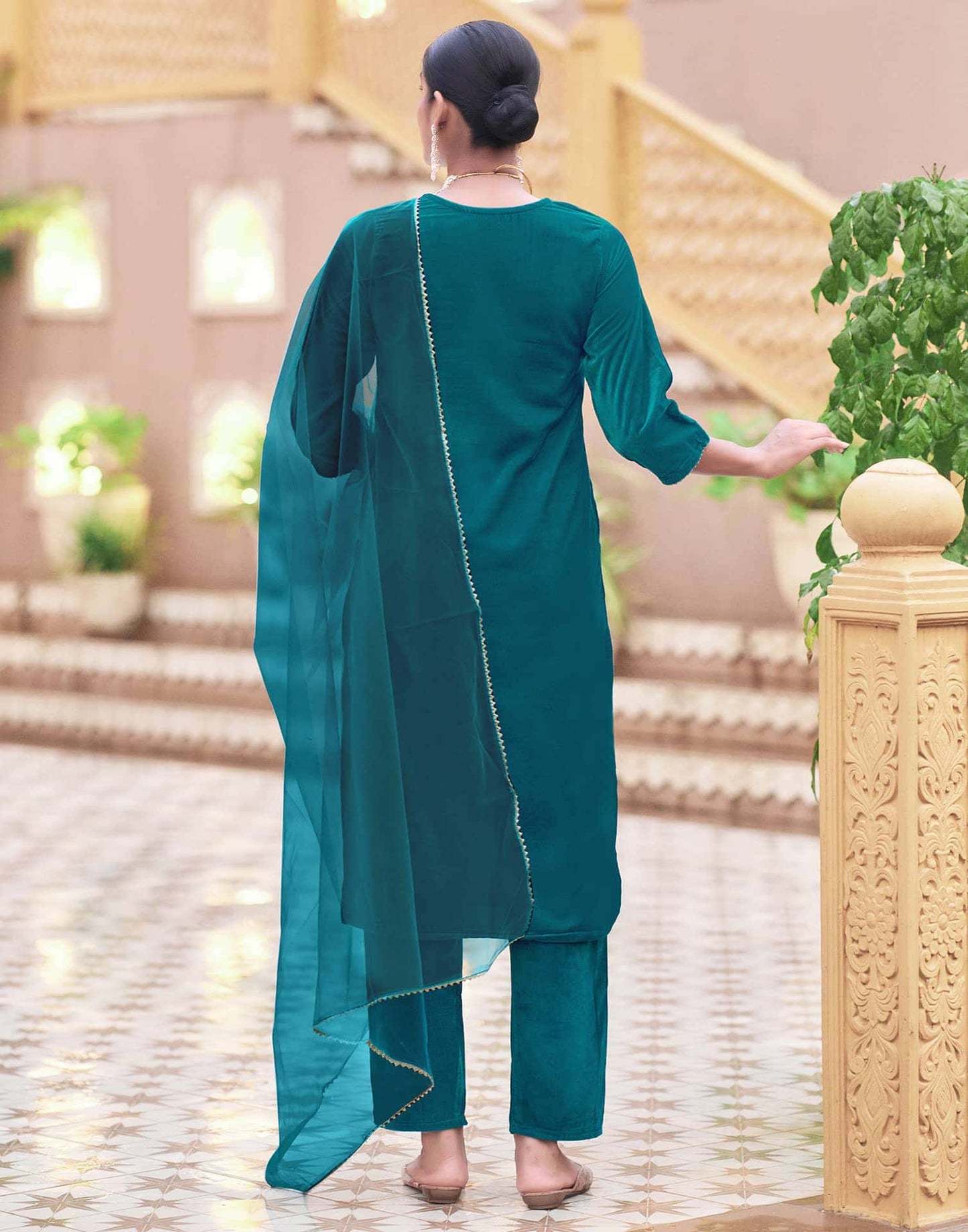 Velvet Sequins, Embroidery and Gota Lace Straight Kurta with Pant & Dupatta