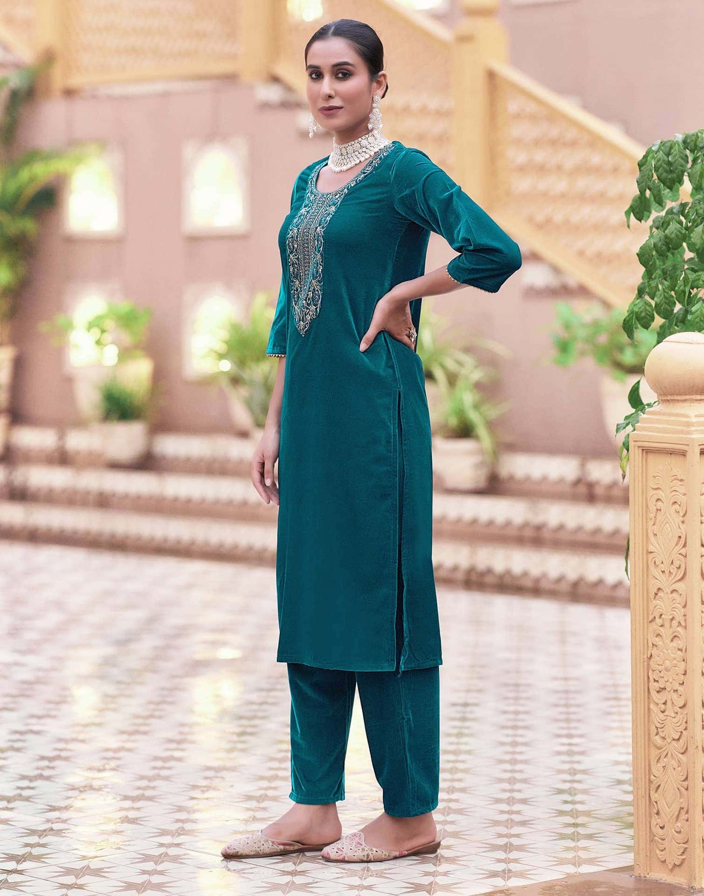 Velvet Sequins, Embroidery and Gota Lace Straight Kurta with Pant & Dupatta