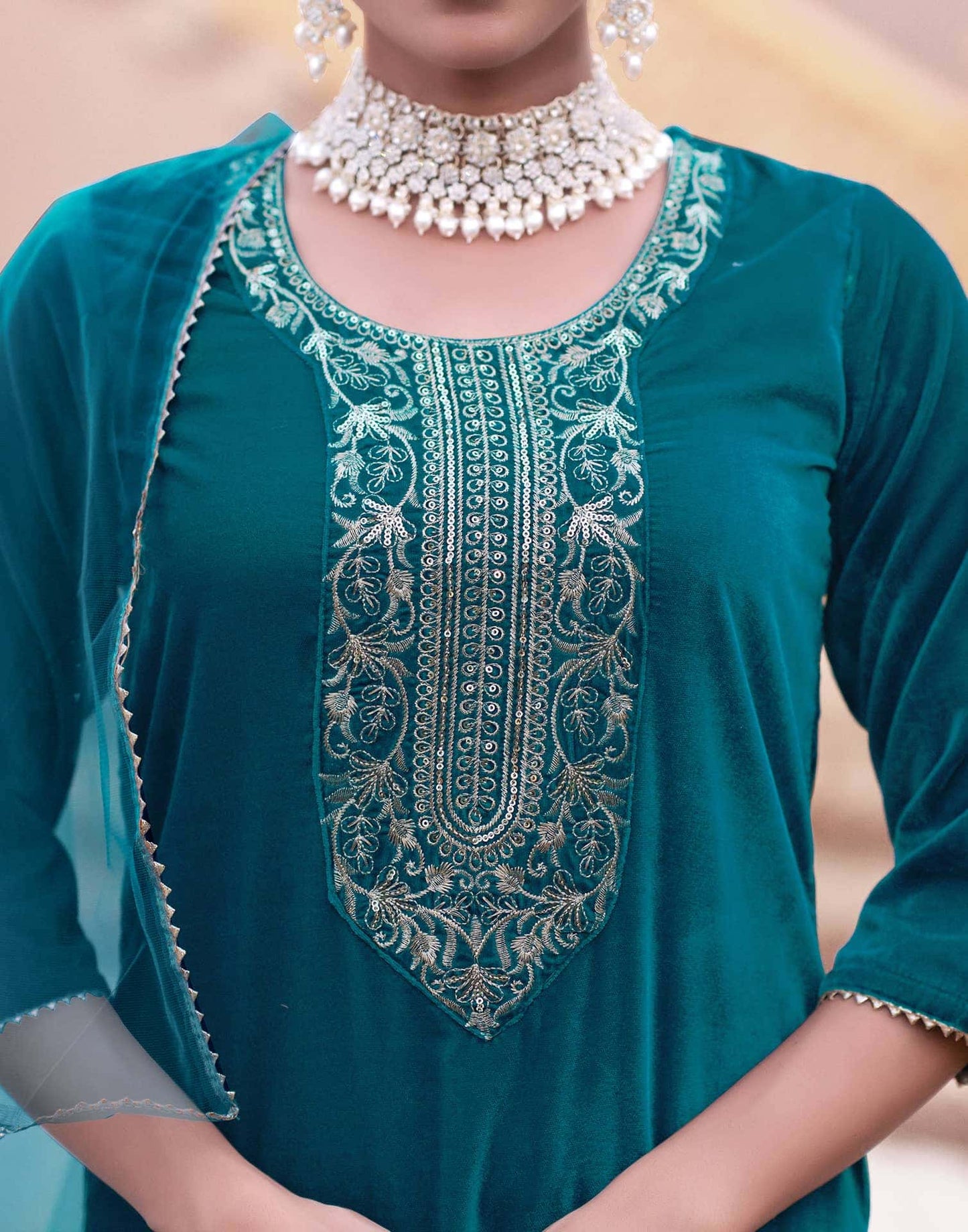 Velvet Sequins, Embroidery and Gota Lace Straight Kurta with Pant & Dupatta