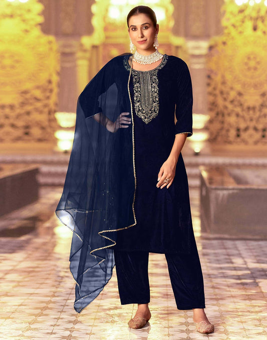 Velvet Sequins, Embroidery and Gota Lace Straight Kurta with Pant & Dupatta
