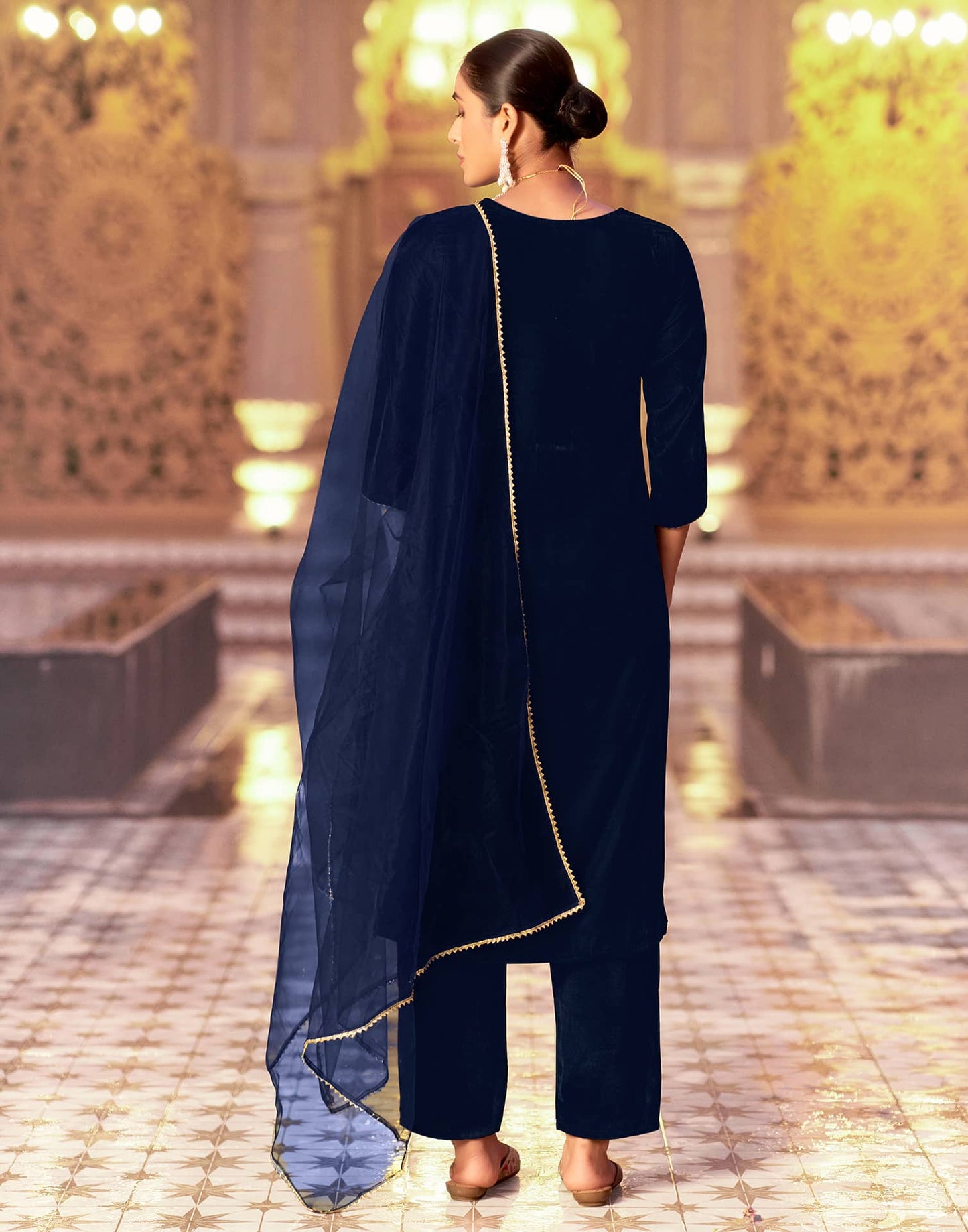 Velvet Sequins, Embroidery and Gota Lace Straight Kurta with Pant & Dupatta