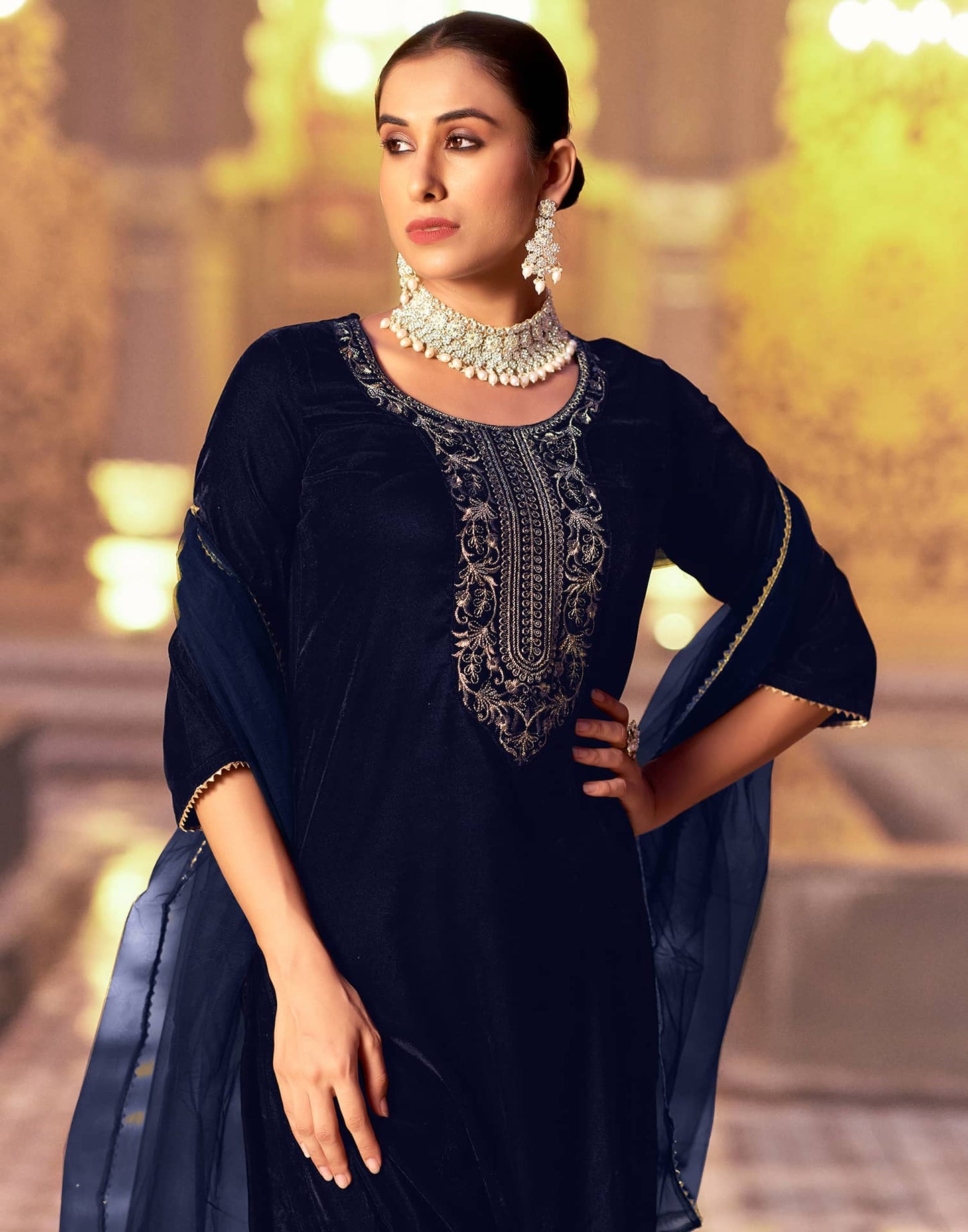 Velvet Sequins, Embroidery and Gota Lace Straight Kurta with Pant & Dupatta