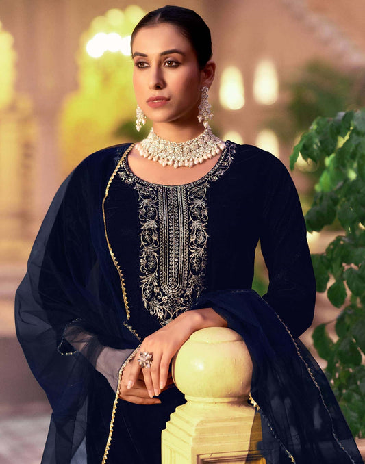 Velvet Sequins, Embroidery and Gota Lace Straight Kurta with Pant & Dupatta